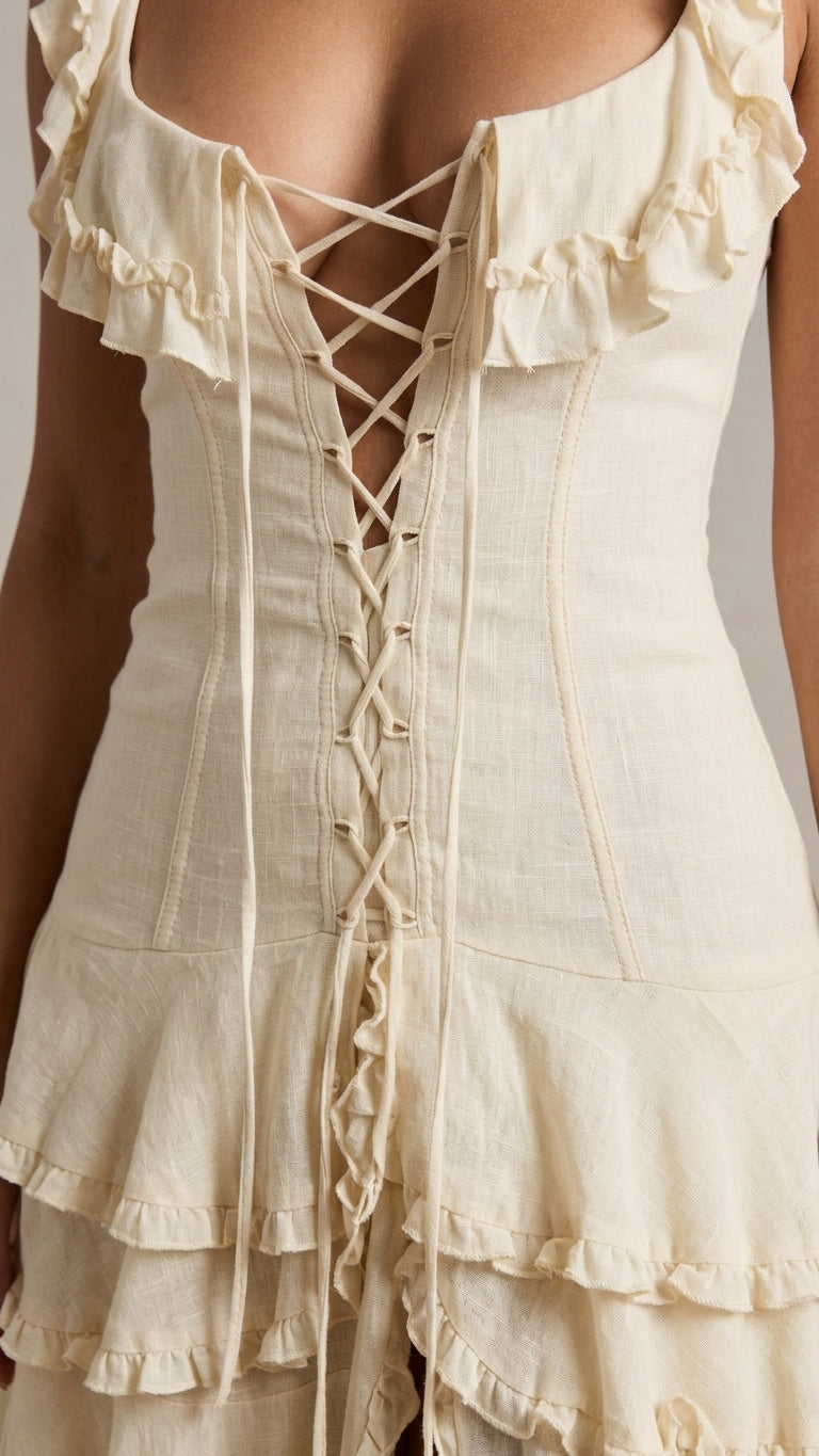 Ivory Allure Evening Lace Maxi Dress Ivory Maxi Dress with Relaxed Fit silhouette and Textured texture, additional styling view for City Dinner, an office-to-dinner transition, Fall city dinners, cafe plans, gallery evenings, and polished weekend styling, by floravincie