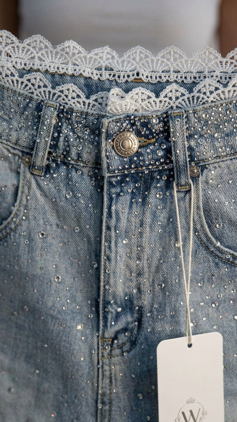 Light Wash Denim Lustre Wedding Guest Lace Short Set Light Wash Denim Short Set with Relaxed Fit silhouette and Textured texture, additional styling view for Wedding Guest, a gallery evening, Fall current summer selling first with a light late-summer/pre- by floravincie