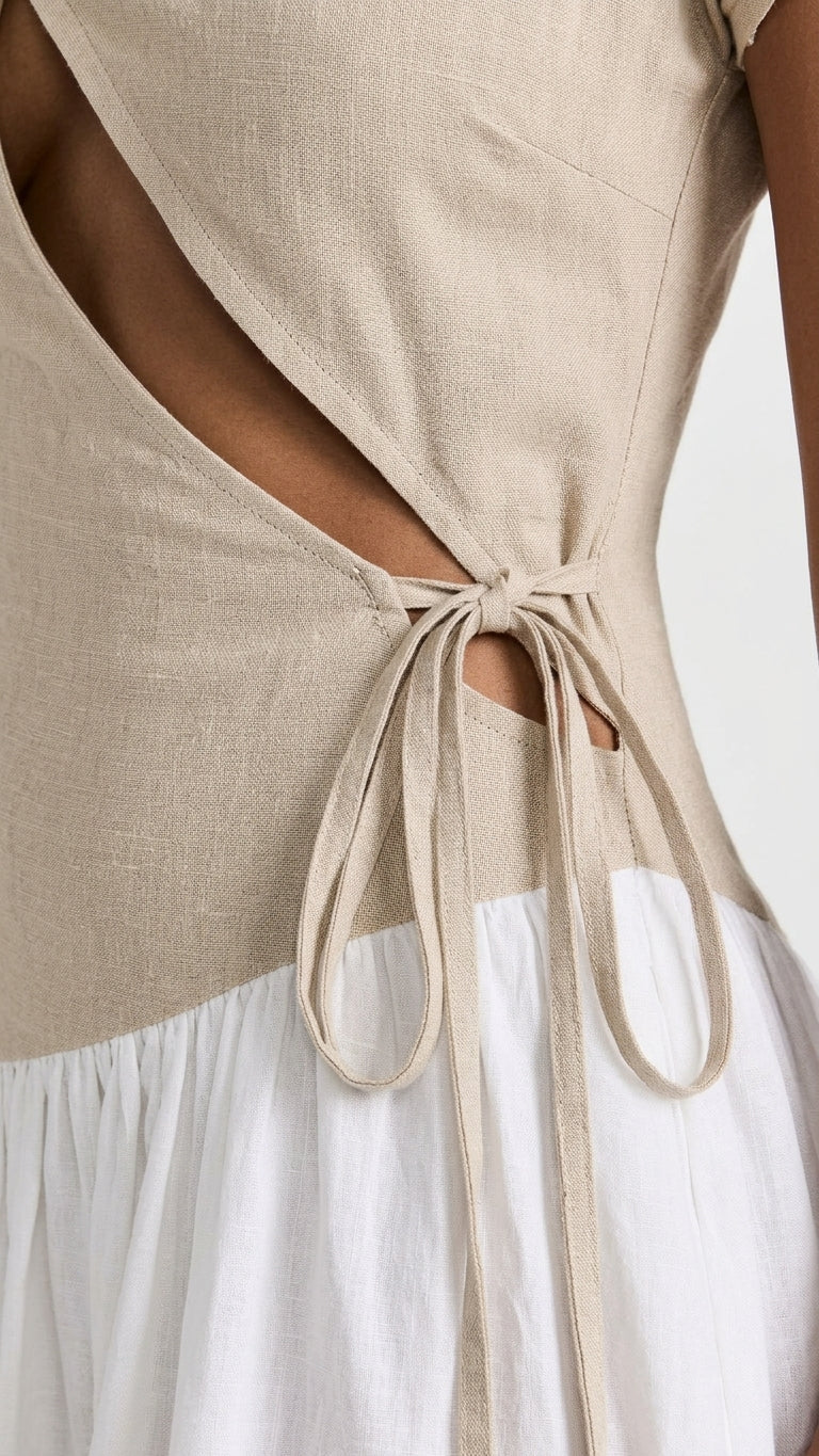 Sand Gleam Wedding Guest Linen Maxi Dress Sand Maxi Dress with Asymmetric silhouette and Linen Blend texture, additional styling view for Wedding Guest, a fall city dinner, Fall current summer selling first with a light late-summer/pre-fall accent: make i by floravincie