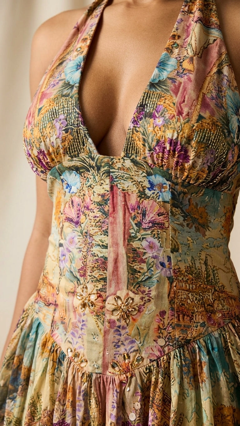 Multi-Color Glow Wedding Guest Floral Mini Dress Multi-Color Mini Dress with Flowing silhouette and Textured texture, additional styling view for Wedding Guest, a cafe plan, Fall current summer selling first with a light late-summer/pre-fall accent: make by floravincie