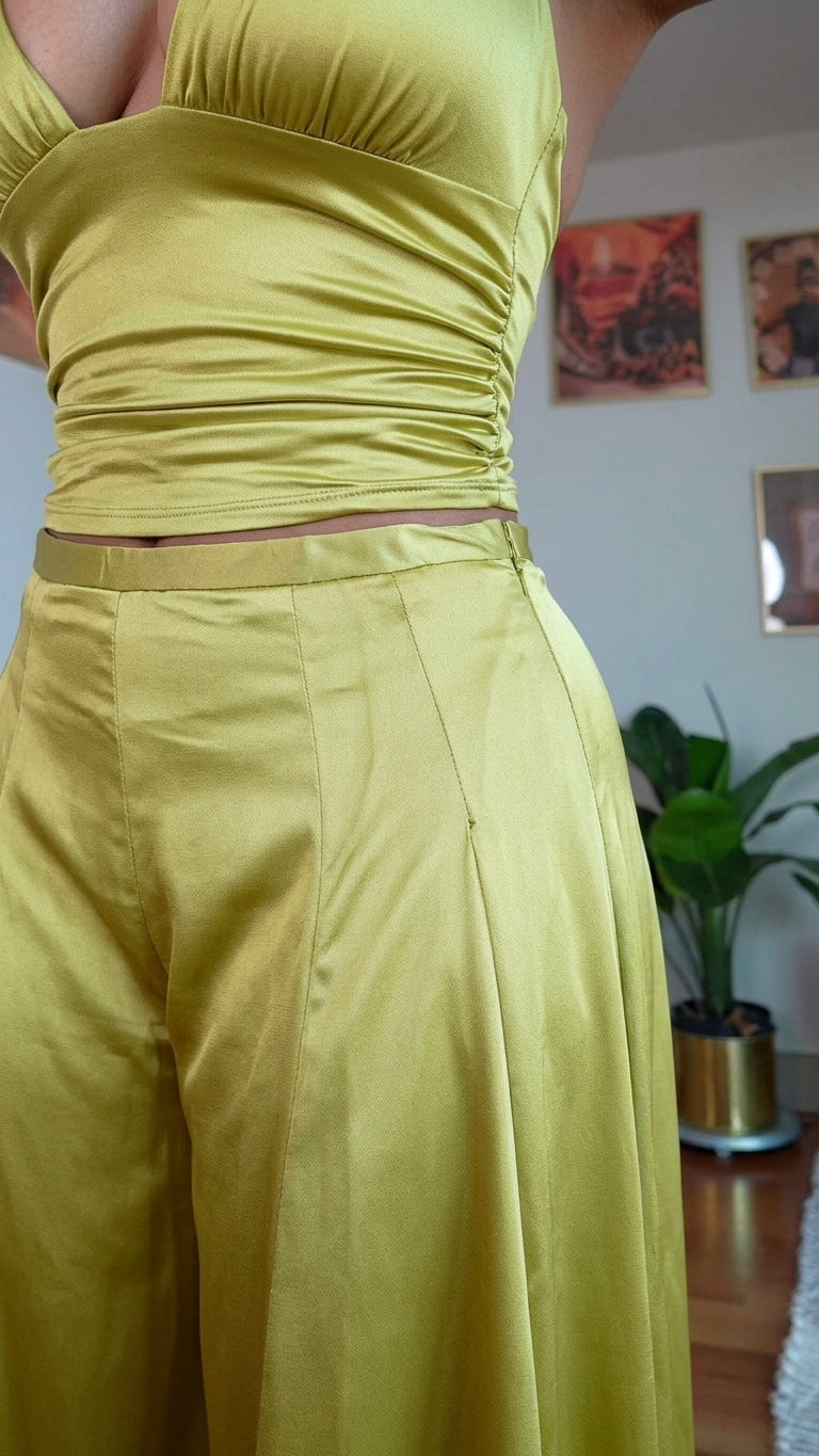 Olive Green Whisper Wedding Guest Satin Jumpsuit Olive Green Jumpsuit with Wide-Leg silhouette and Satin texture, additional styling view for Wedding Guest, a gallery evening, Fall current summer selling first with a light late-summer/pre-fall accent: mak by floravincie