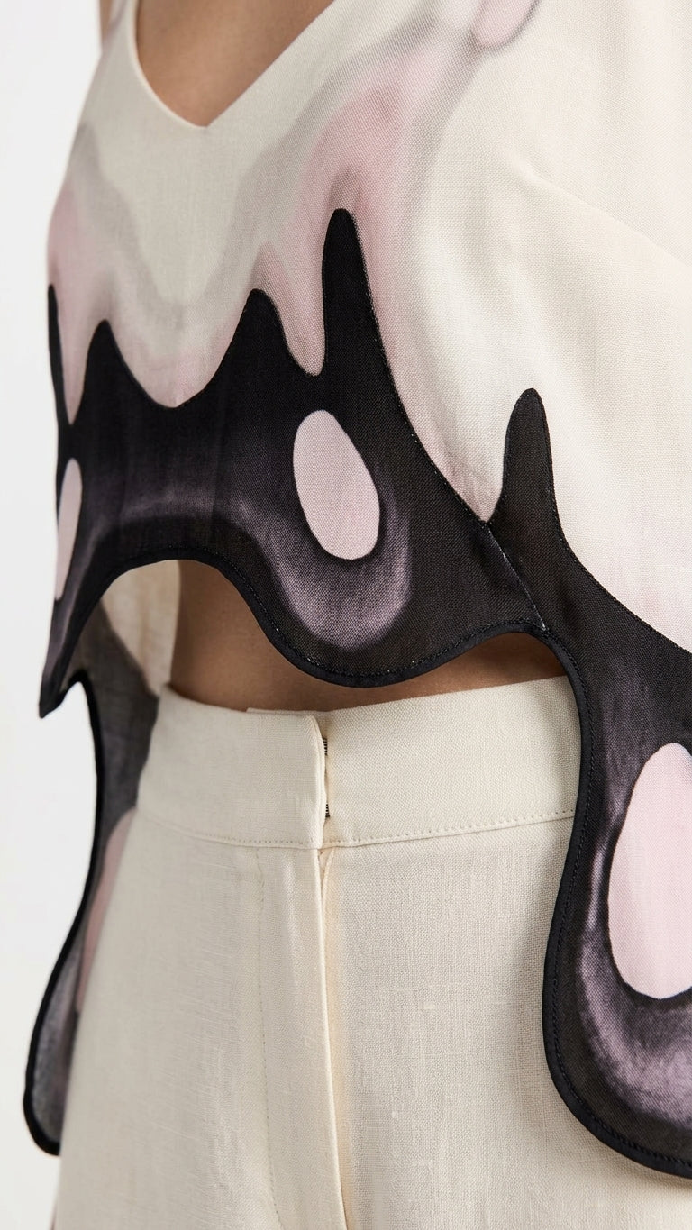 Ivory Glow Wedding Guest Abstract Print Pant Set Ivory Pant Set with Asymmetric silhouette and Satin texture, additional styling view for Wedding Guest, an office-to-dinner transition, Fall current summer selling first with a light late-summer/pre-fall ac by floravincie