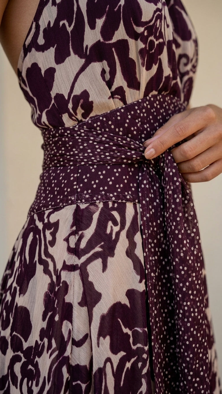 Burgundy Whisper Wedding Guest Floral Maxi Dress Burgundy Maxi Dress with Relaxed Fit silhouette and Textured texture, additional styling view for Wedding Guest, an office-to-dinner transition, Fall current summer selling first with a light late-summer/pr by floravincie
