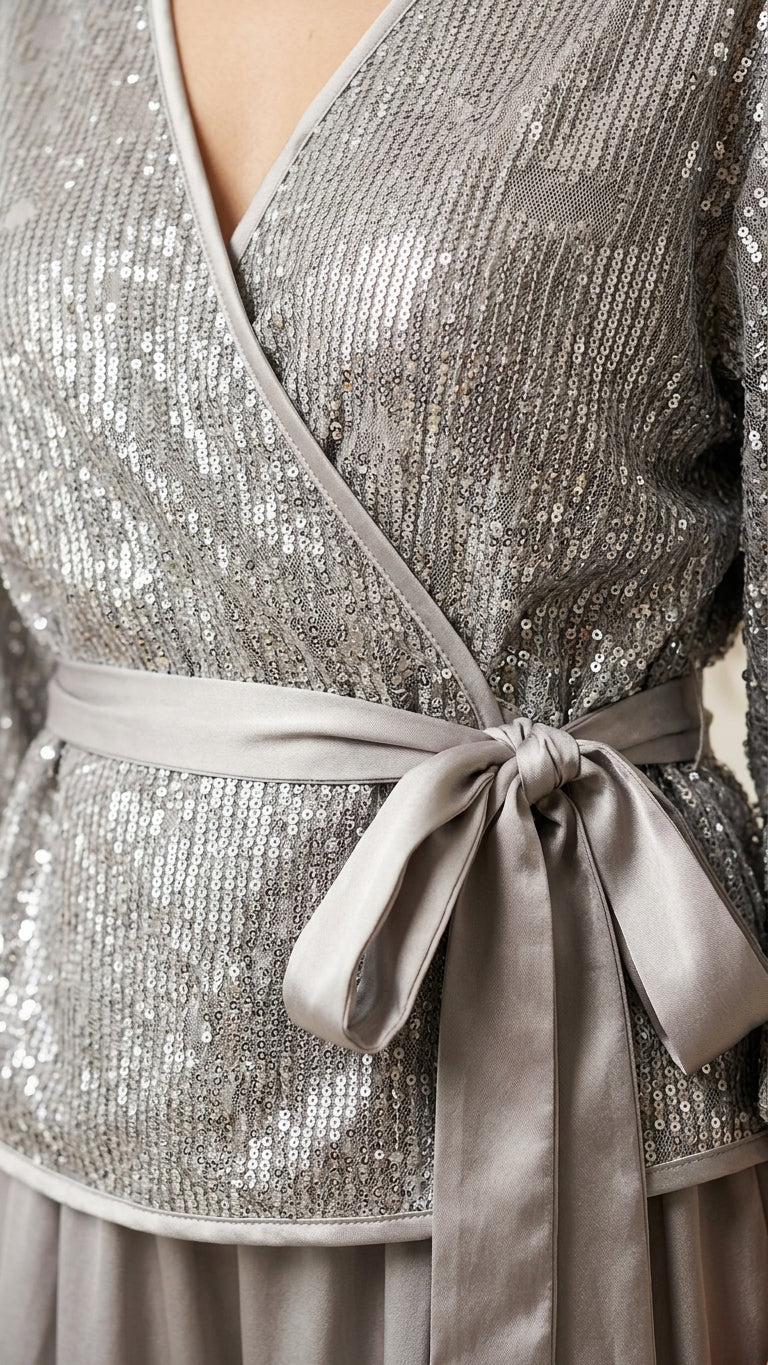 Grey Velvet Wedding Guest Satin Pant Set Grey Pant Set with Wide-Leg silhouette and Satin texture, additional styling view for Wedding Guest, a fall city dinner, Fall current summer selling first with a light late-summer/pre-fall accent: make it wearable by floravincie