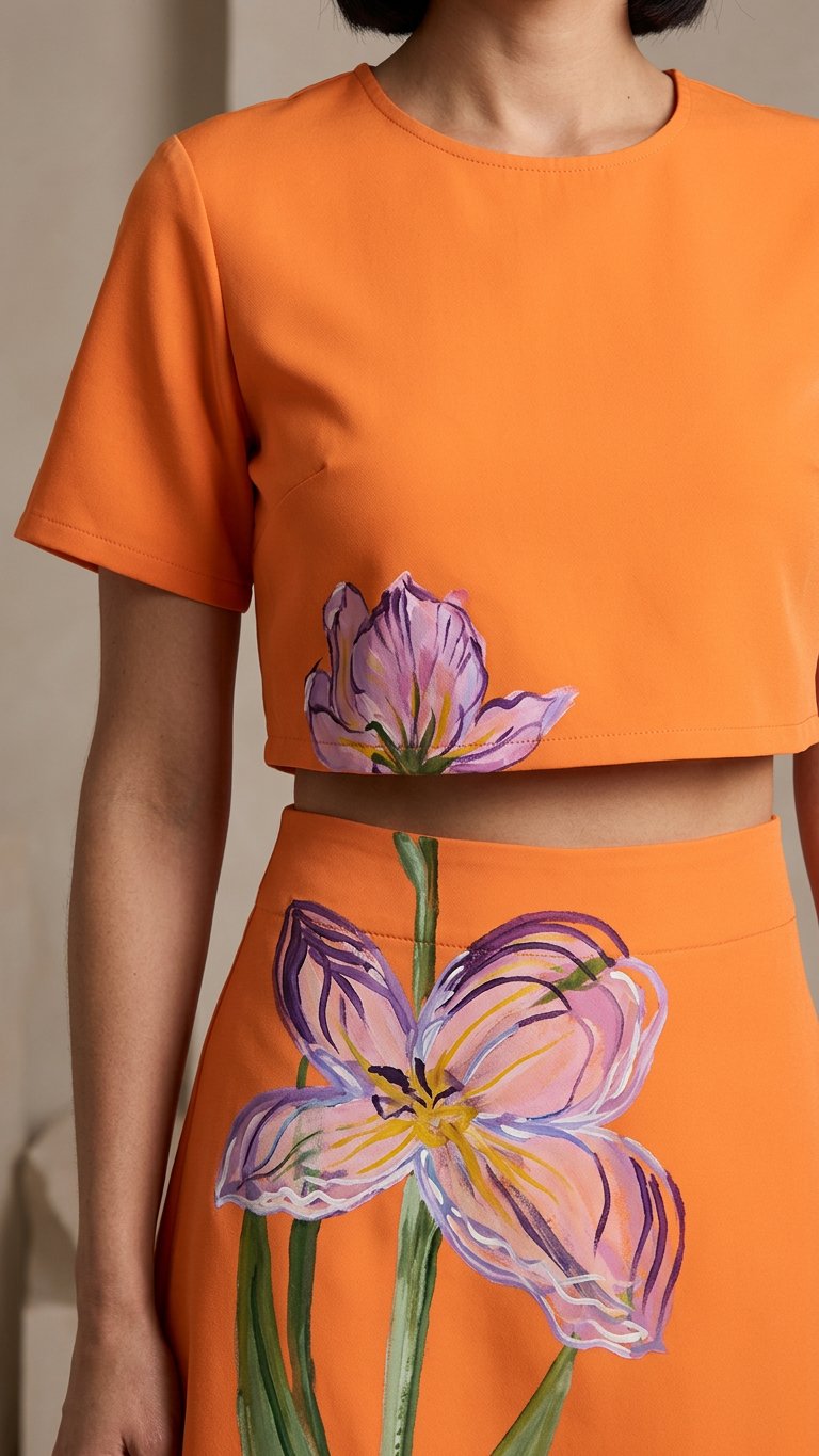 Orange Whisper Wedding Guest Floral Skirt Set Orange Skirt Set with Asymmetric silhouette and Textured texture, additional styling view for Wedding Guest, a gallery evening, Fall current summer selling first with a light late-summer/pre-fall accent: make by floravincie