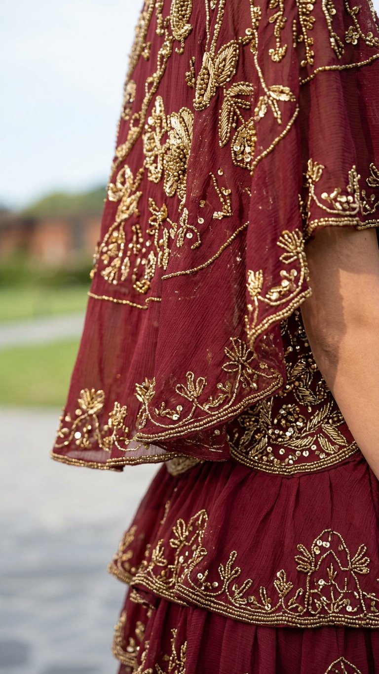 Burgundy Bloom Wedding Guest Embroidered Romper Burgundy Romper with Relaxed Fit silhouette and Textured texture, additional styling view for Wedding Guest, a fall city dinner, Fall current summer selling first with a light late-summer/pre-fall accent: ma by floravincie