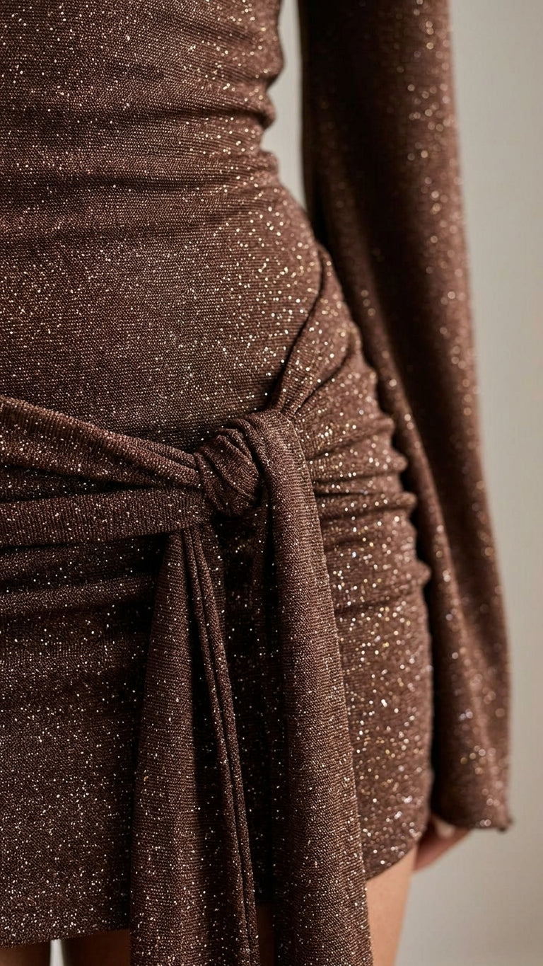 Brown Solace Wedding Guest Ruched Mini Dress Brown Mini Dress with Asymmetric silhouette and Ribbed Knit texture, additional styling view for Wedding Guest, a fall city dinner, Fall current summer selling first with a light late-summer/pre-fall accent: ma by floravincie