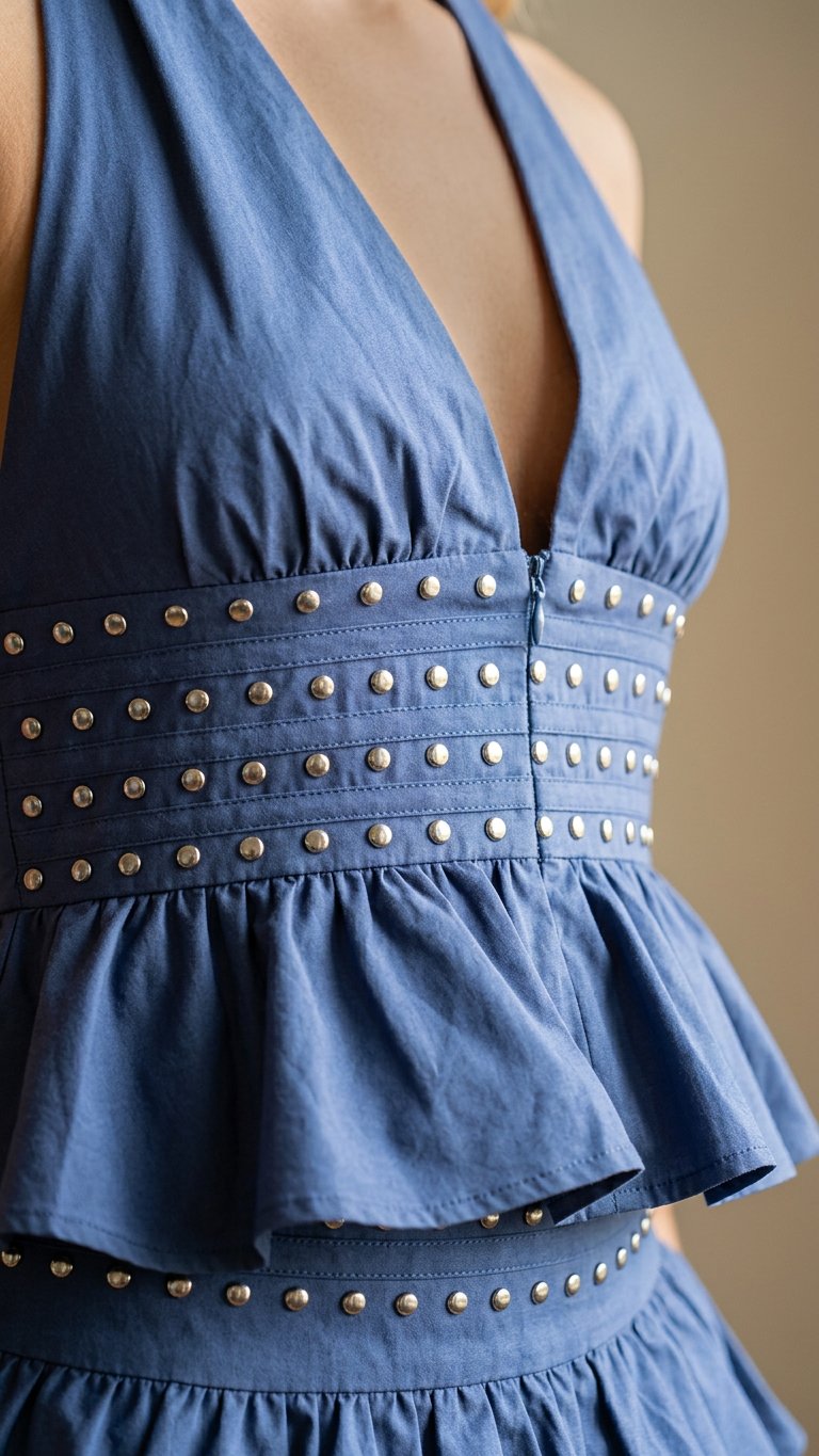Denim Blue Allure Wedding Guest Tiered Mini Dress Denim Blue Mini Dress with Cropped silhouette and Textured texture, additional styling view for Wedding Guest, a gallery evening, Fall current summer selling first with a light late-summer/pre-fall accent: by floravincie