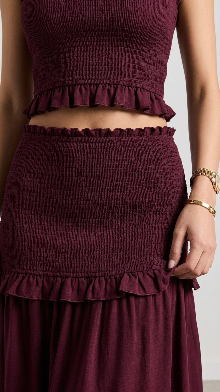 Burgundy Bloom Resort Printed Skirt Set Burgundy Skirt Set with Cropped silhouette and Linen Blend texture, additional styling view for Resort Wear, a gallery opening in Paris, Euro Chic Premium