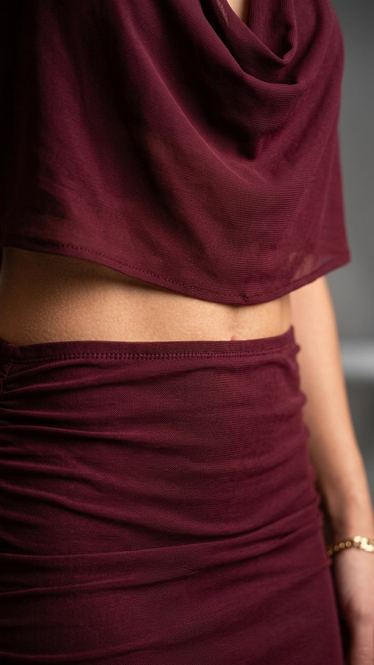 Burgundy Muse Evening Ruched Skirt Set Burgundy Skirt Set with Asymmetric silhouette and Textured texture, additional styling view for Date Night, an estate dinner at golden hour, US East / Hamptons Elite