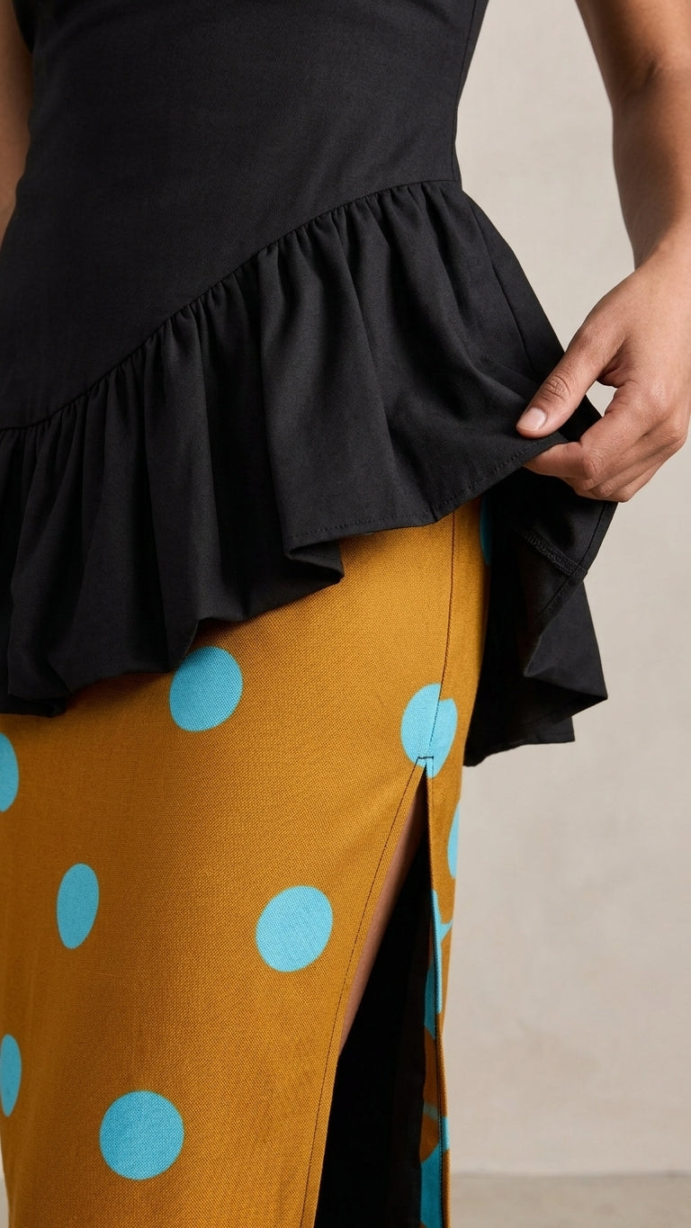 Black Allure Summer Polka Dot Skirt Set Black Skirt Set with Relaxed Fit silhouette and Textured texture, additional styling view for Vacation Set, a gallery opening in Paris, Euro Chic Premium