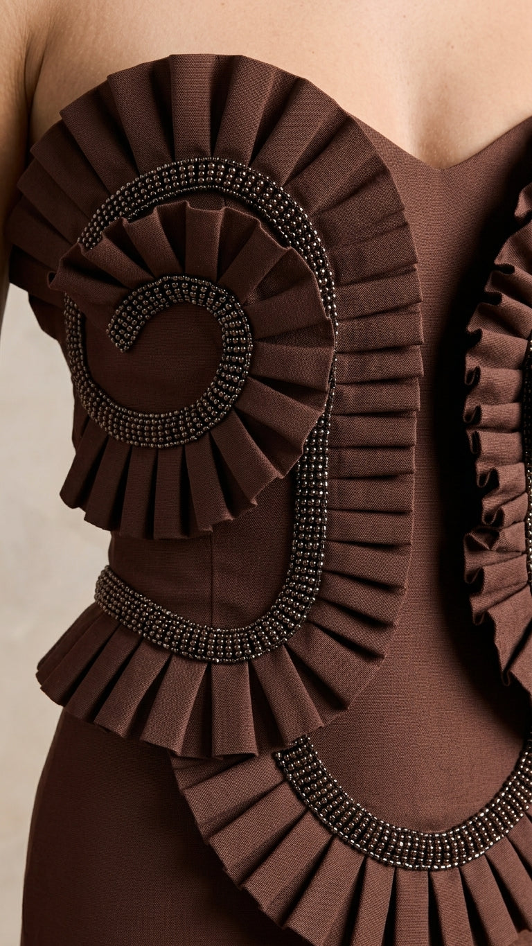 Brown Lustre Evening Ruffled Maxi Dress Brown Maxi Dress with Relaxed Fit silhouette and Textured texture, additional styling view for Date Night, Brunch in SoHo, US Coastal Glam
