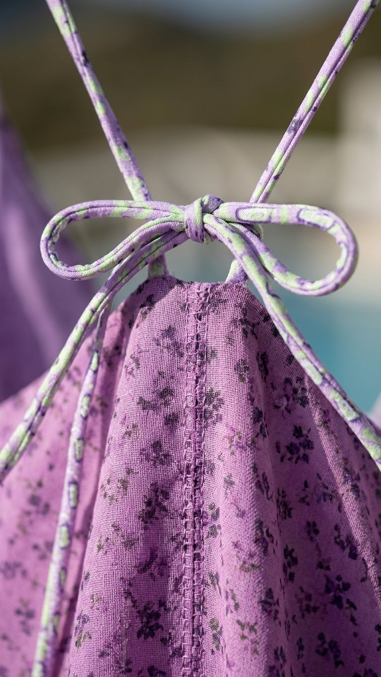 Lavender Bloom Resort Floral Maxi Dress Lavender Maxi Dress with Relaxed Fit silhouette and Textured texture, additional styling view for Resort Wear, an estate dinner at golden hour, US East / Hamptons Elite