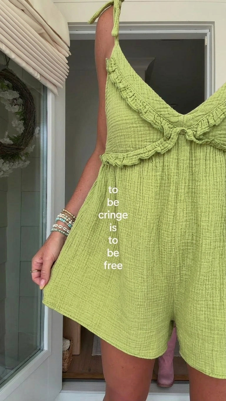 Lime Reverie Resort Ruffled Romper Lime Romper with Relaxed Fit silhouette and Textured texture, additional styling view for Resort Wear, Weekend in The Hamptons, US East / Hamptons Elite by floravincie