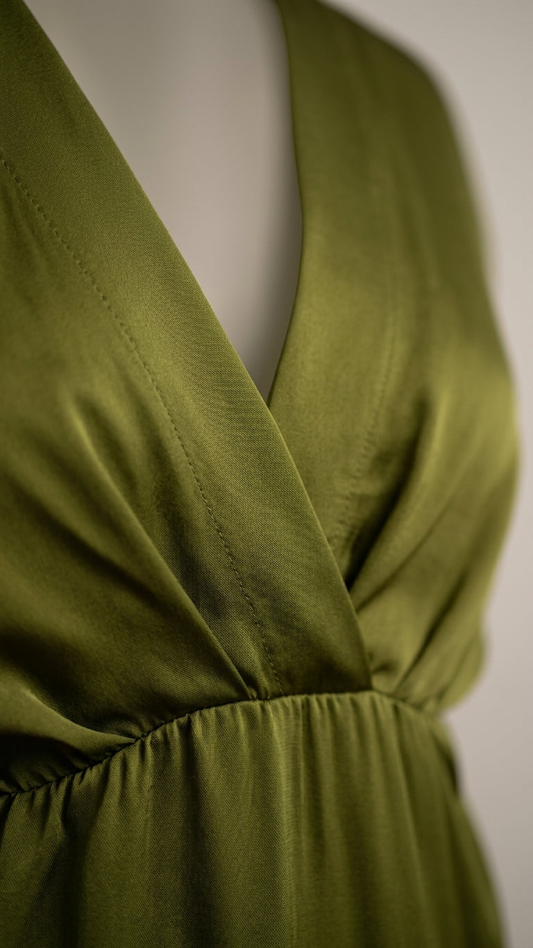 Olive Green Grace Summer Satin Maxi Dress Olive Green Maxi Dress with Asymmetric silhouette and Satin texture, additional styling view for Resort Dinner, Brunch in SoHo, US Coastal Glam by floravincie