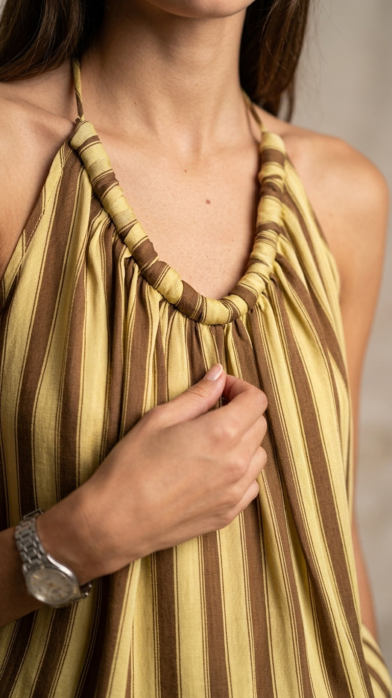 Butter Yellow Charm Resort Striped Romper Butter Yellow Romper with Relaxed Fit silhouette and Textured texture, additional styling view for Resort Wear, an estate dinner at golden hour, US East / Hamptons Elite by floravincie