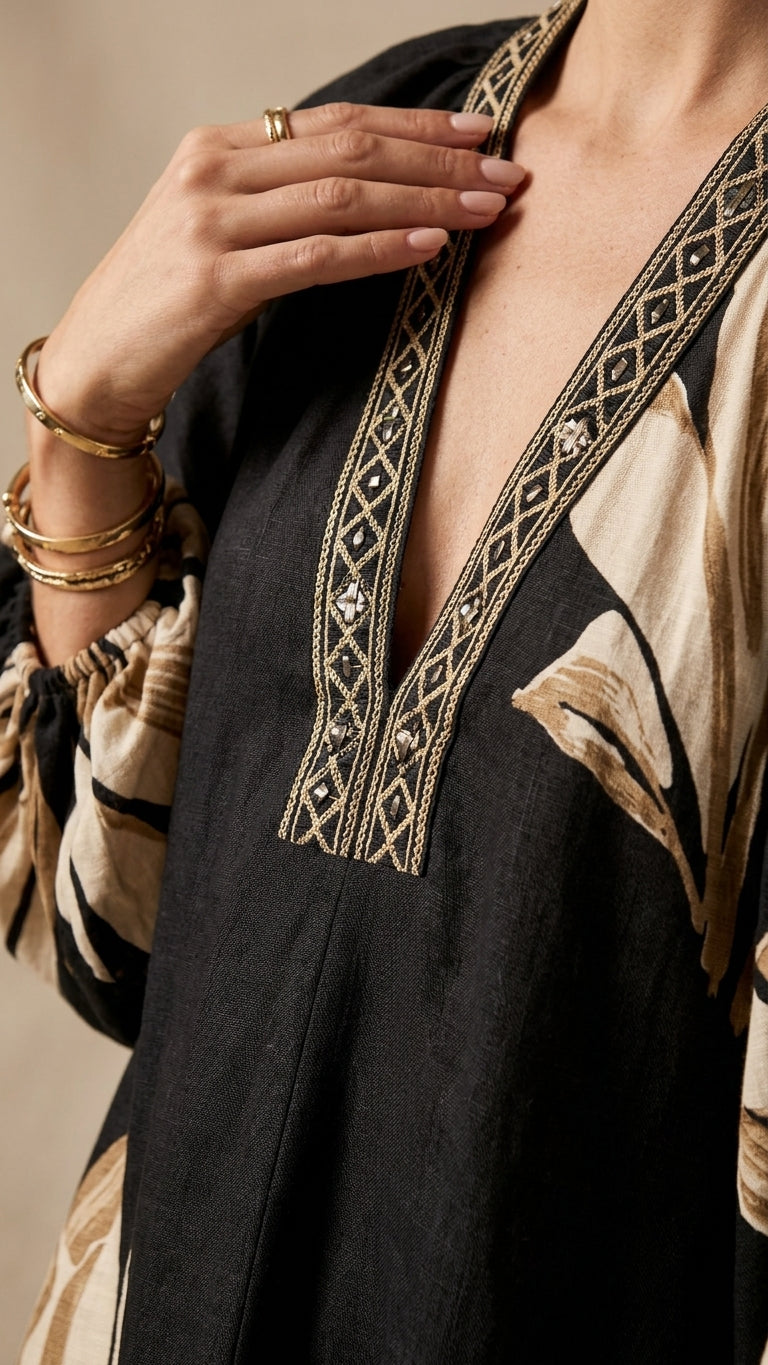 Black Solace Resort Embroidered Maxi Dress Black Maxi Dress with Relaxed Fit silhouette and Textured texture, additional styling view for Resort Wear, a rooftop dinner in LA, US Coastal Glam by floravincie
