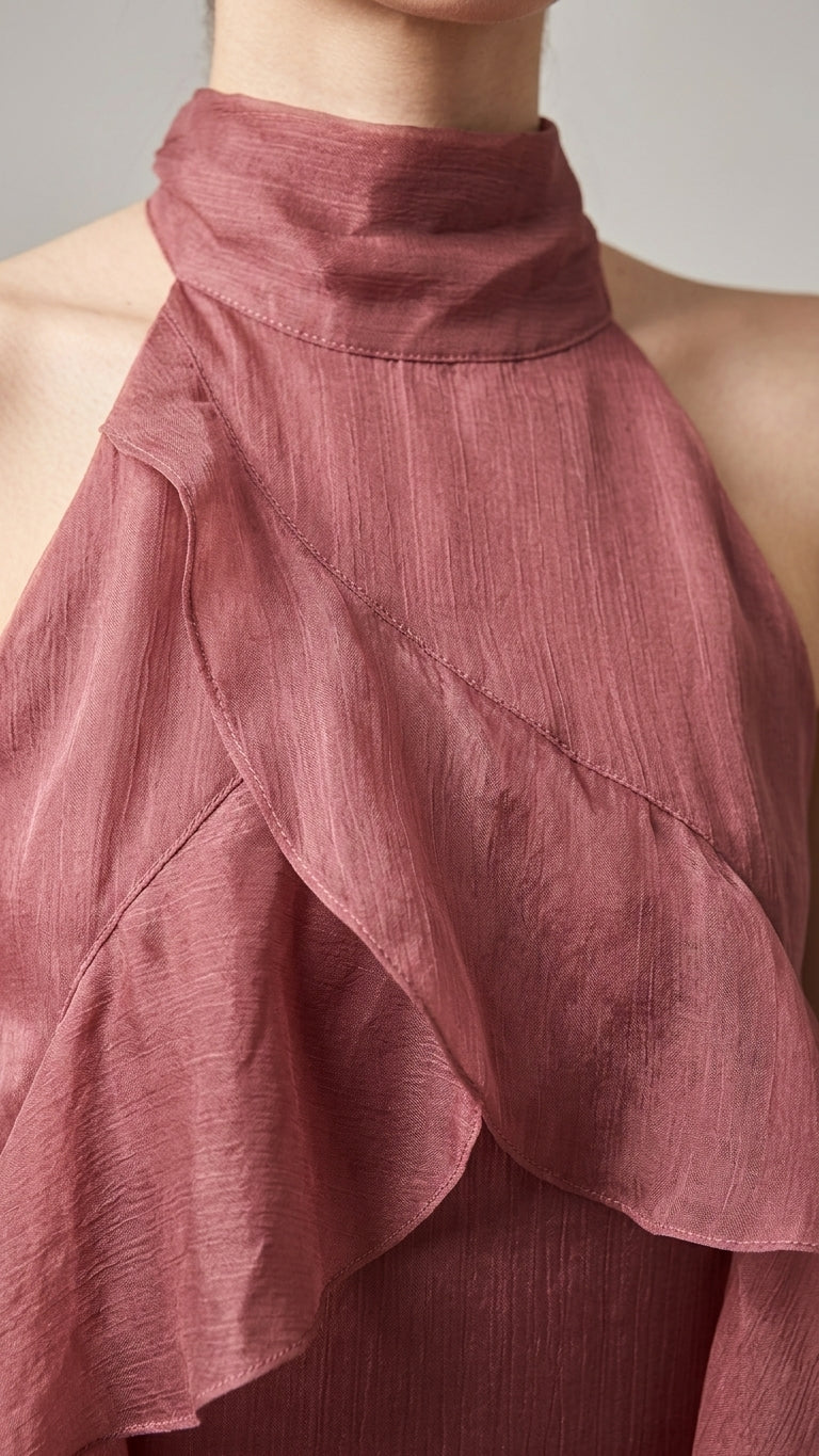 Mauve Aura Evening Ruffled Maxi Dress Mauve Maxi Dress with Asymmetric silhouette and Textured texture, additional styling view for Date Night, a Palm Springs weekend, US Coastal Glam by floravincie