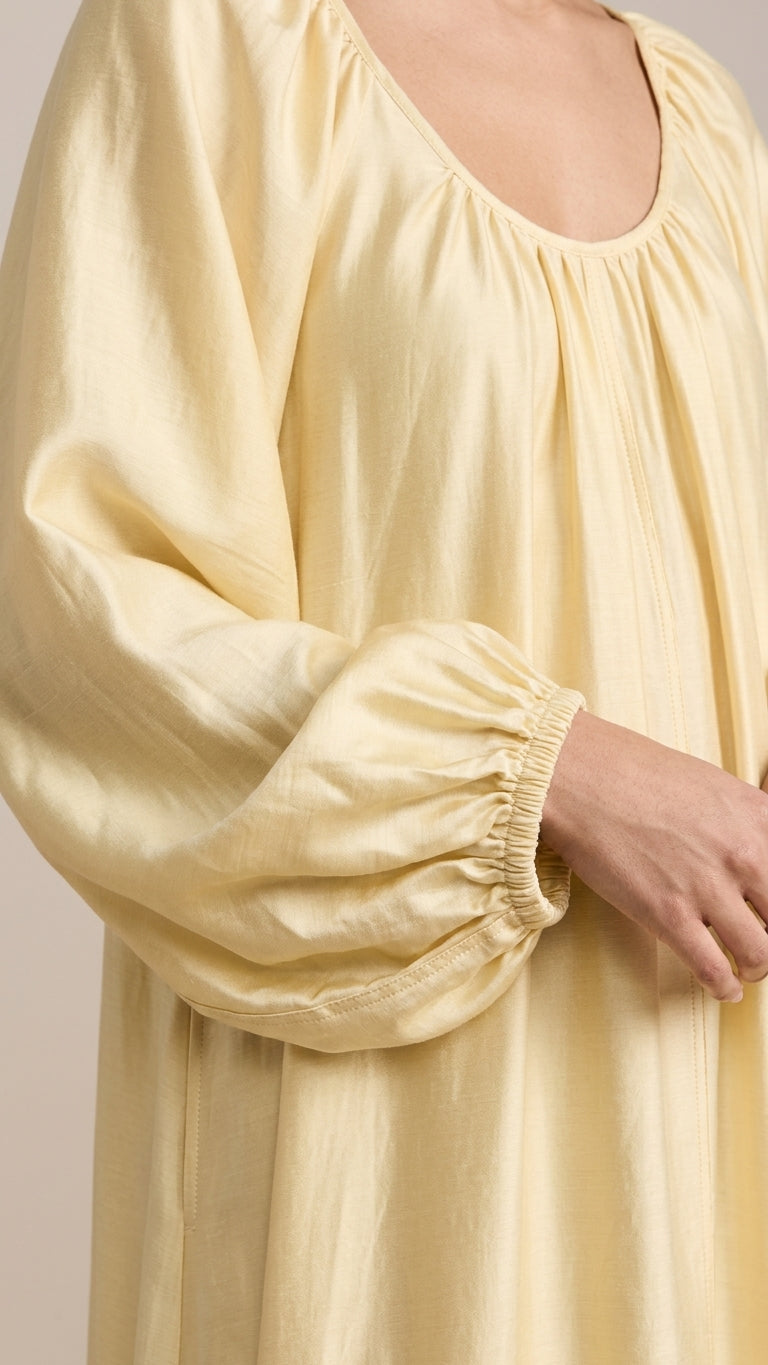 Pale Yellow Glow Resort Satin Maxi Dress Pale Yellow Maxi Dress with Relaxed Fit silhouette and Satin texture, additional styling view for Resort Wear, an estate dinner at golden hour, US East / Hamptons Elite by floravincie