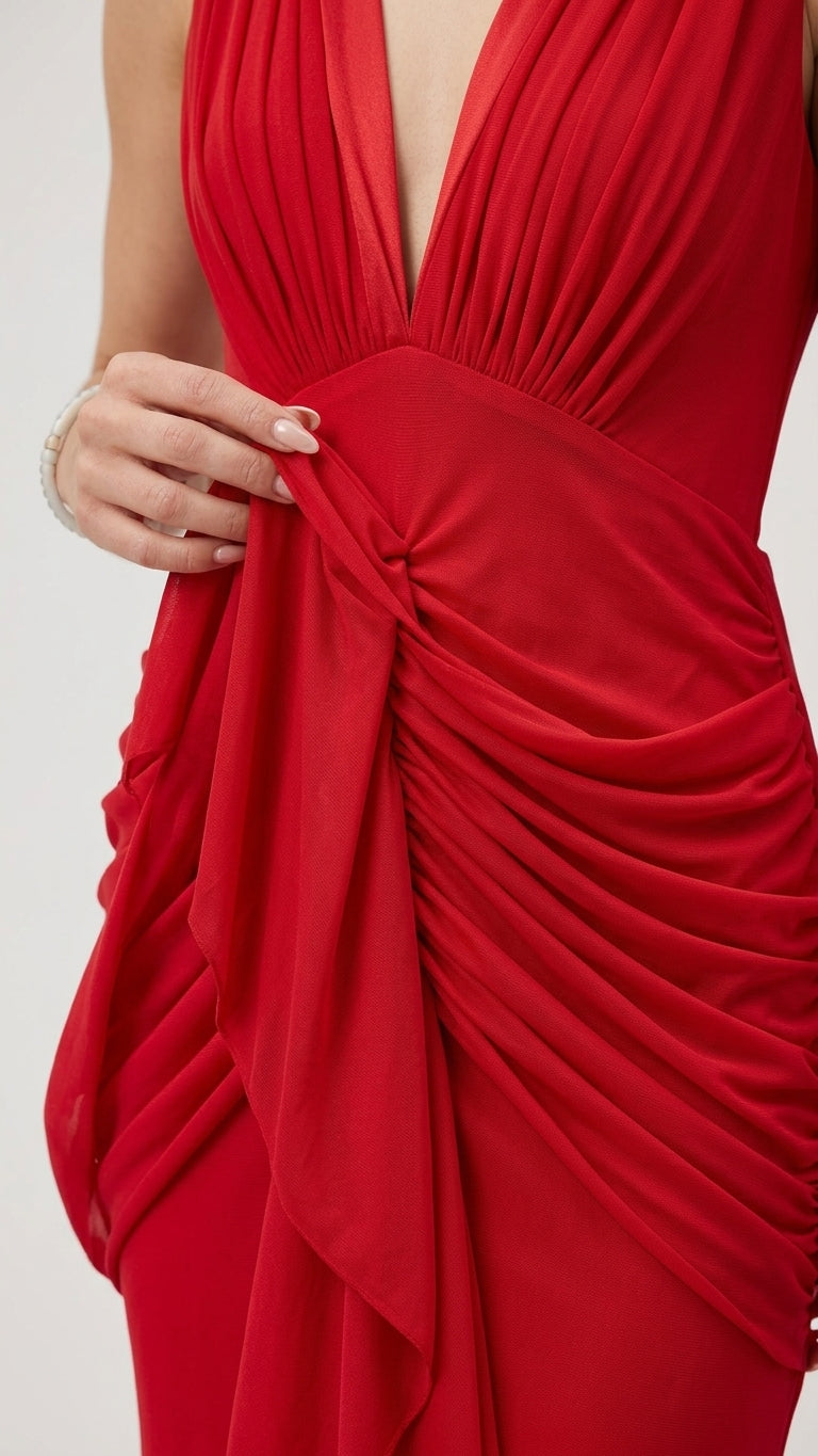 Red Aura Evening Ruched Maxi Dress Red Maxi Dress with Relaxed Fit silhouette and Ribbed Knit texture, additional styling view for Date Night, a polished coastal brunch, US East / Hamptons Elite by floravincie