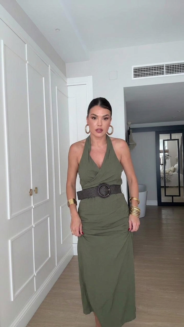Olive Green Reverie Resort Linen Maxi Dress Olive Green Maxi Dress with Asymmetric silhouette and Linen Blend texture, additional styling view for Resort Wear, a polished coastal brunch, US East / Hamptons Elite by floravincie