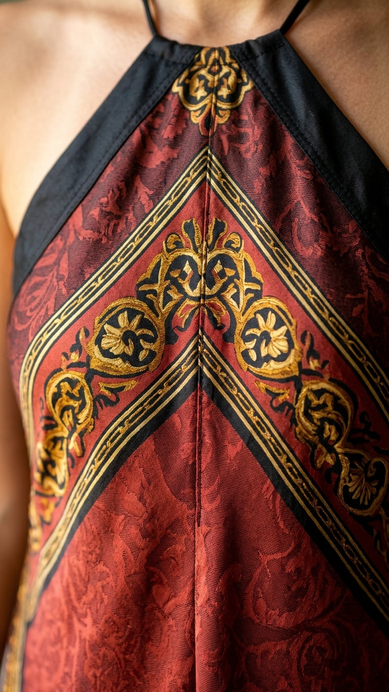Rust Glow Resort Printed Maxi Dress Rust Maxi Dress with Relaxed Fit silhouette and Satin texture, additional styling view for Resort Wear, Evening in Amalfi, Euro Chic Premium by floravincie