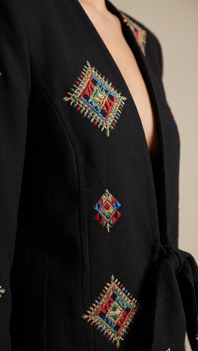 Black Bloom Summer Embroidered Jacket Black Jacket with Wide-Leg silhouette and Textured texture, additional styling view for Office Edit, Weekend in The Hamptons, US East / Hamptons Elite by floravincie
