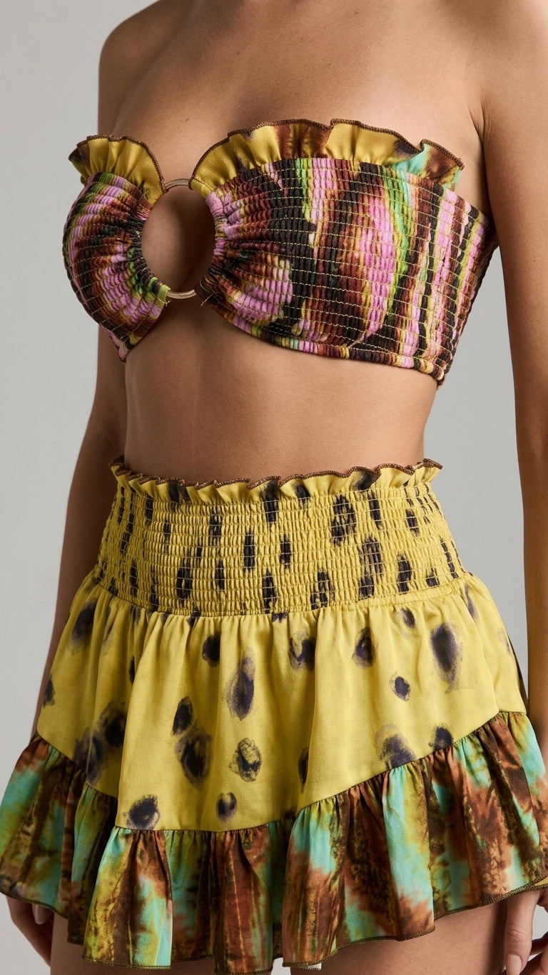 Butter Yellow Aura Resort Printed Romper Butter Yellow Romper with Relaxed Fit silhouette and Textured texture, additional styling view for Resort Wear, Coffee in Marais, Euro Chic Premium by floravincie