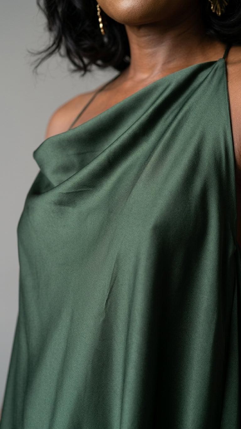 Dark Green Velvet Resort Satin Maxi Dress Dark Green Maxi Dress with Asymmetric silhouette and Satin texture, additional styling view for Resort Wear, a gallery opening in Paris, Euro Chic Premium by floravincie