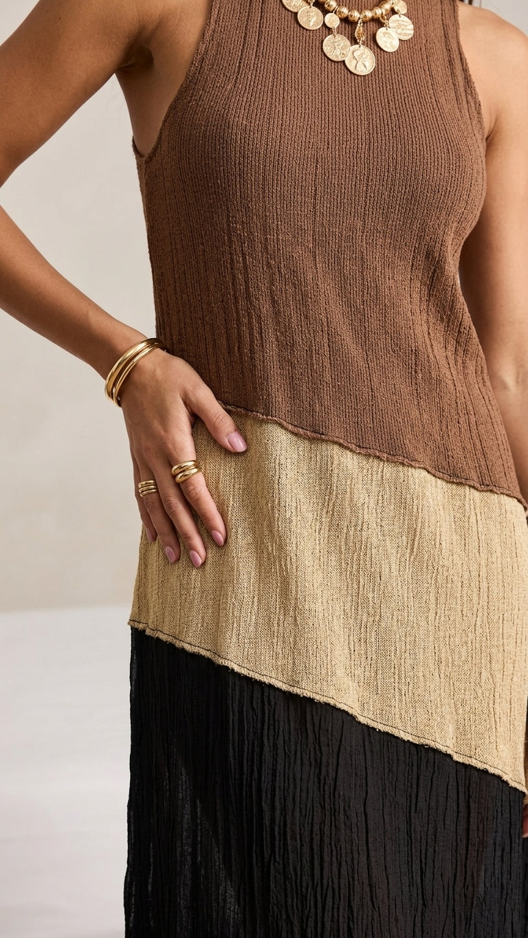 Brown Charm Resort Textured Maxi Dress Brown Maxi Dress with Asymmetric silhouette and Textured texture, additional styling view for Resort Wear, an estate dinner at golden hour, US East / Hamptons Elite by floravincie