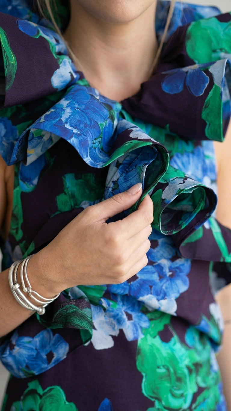 Navy Velvet Floral Maxi Dress Navy Maxi Dress with Asymmetric silhouette and Textured texture, additional styling view for Rooftop Brunch, a rooftop dinner in LA, US Coastal Glam by floravincie
