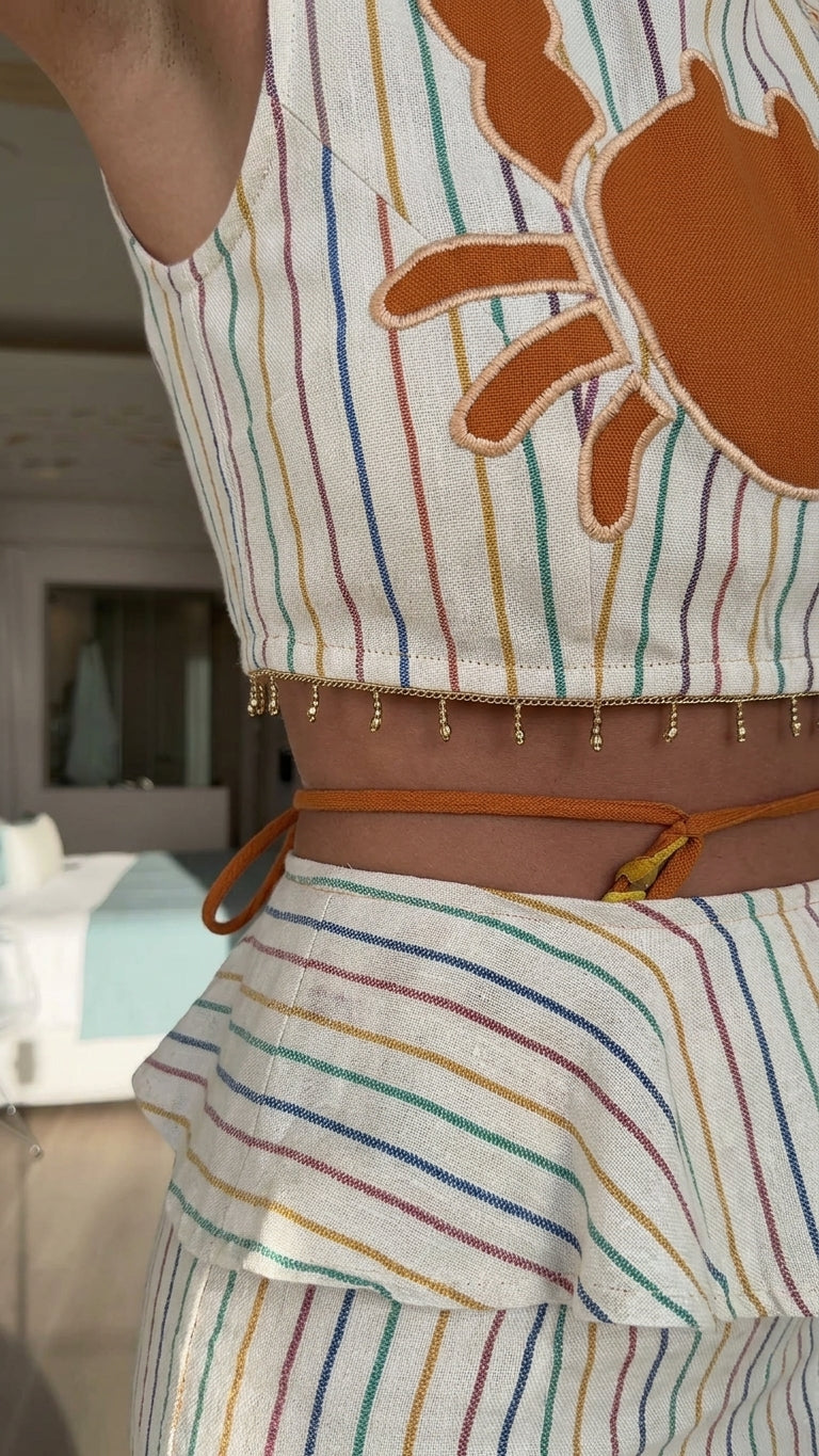 Ivory Aura Resort Striped Romper Ivory Romper with Cropped silhouette and Linen Blend texture, additional styling view for Resort Wear, a polished coastal brunch, US East / Hamptons Elite by floravincie