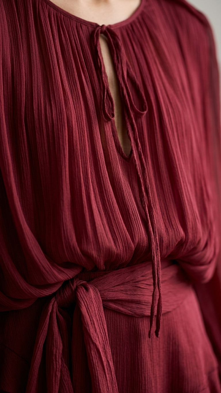Burgundy Grace Evening Pleated Maxi Dress Burgundy Maxi Dress with Asymmetric silhouette and Textured texture, additional styling view for Date Night, Sunset in Malibu, US Coastal Glam by floravincie