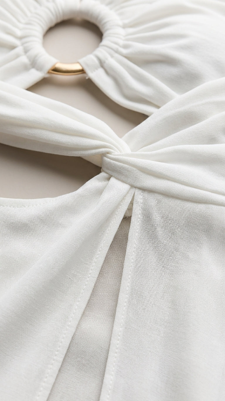 Ivory Aura Resort Textured Romper Ivory Romper with Cropped silhouette and Textured texture, additional styling view for Resort Wear, an estate dinner at golden hour, US East / Hamptons Elite by floravincie