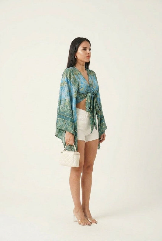 Women's Silky Paisley Tie-Front Crop Top With Bell Sleeves Summer Vibe