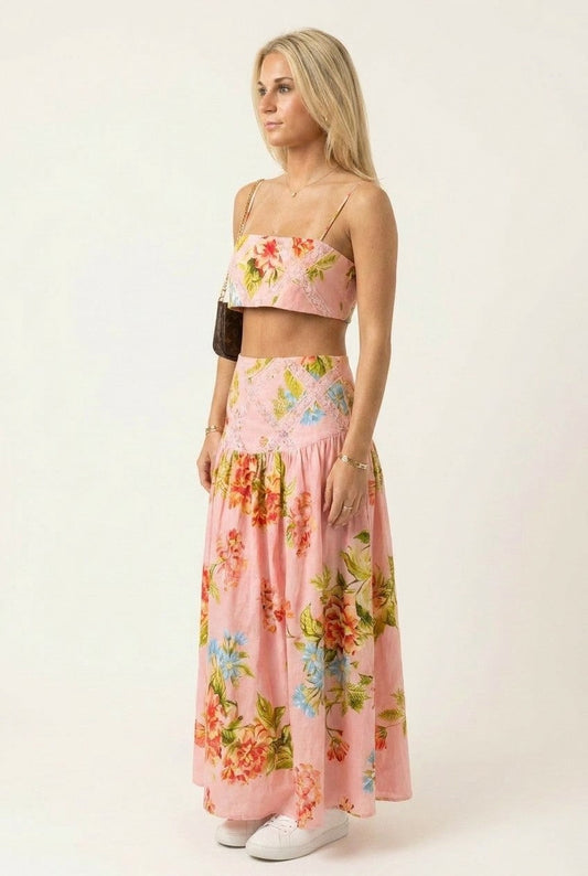 Women's Floral Linen Crop Top and Maxi Skirt Set with Lace Details