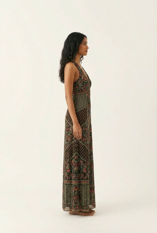 Women's Floral Print V-Neck Maxi Dress, Bohemian Sleeveless Resort Gown