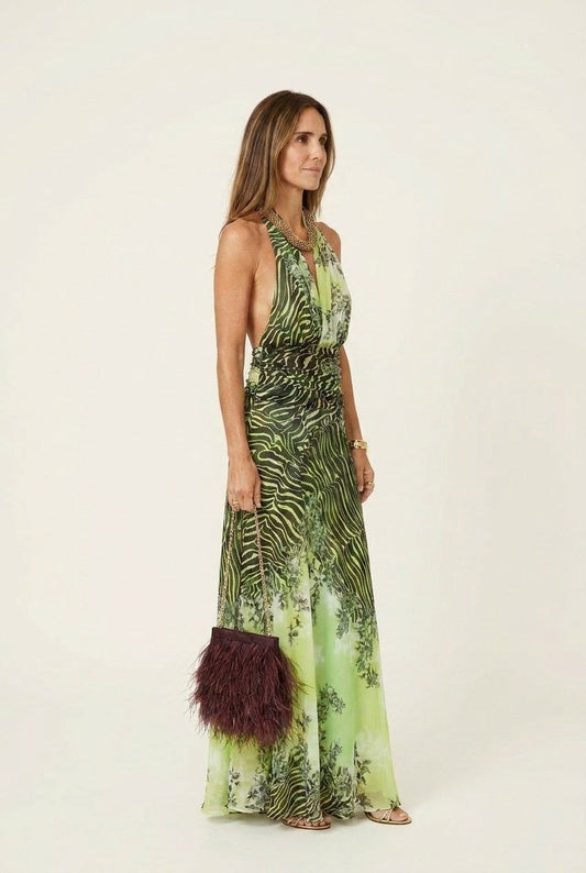 Women's Halter Neck Chiffon Maxi Dress Ruched Waist Tropical Print