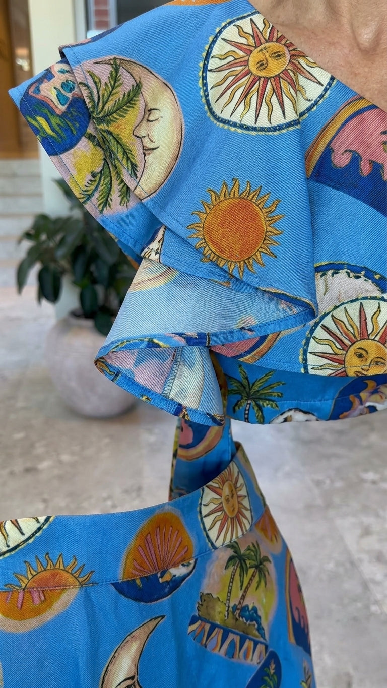 Blue Grace Summer Printed Two-Piece Set Blue Two-Piece Set with Asymmetric silhouette and Textured texture, close-up product detail for Weekend Escape, a rooftop dinner in LA, US Coastal Glam by floravincie