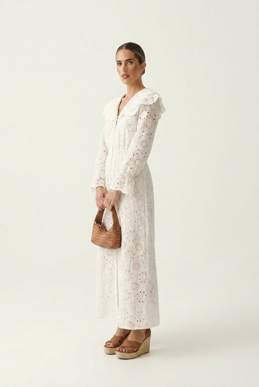 Romantic White Eyelet Cotton Maxi Dress with Ruffled Sailor Collar