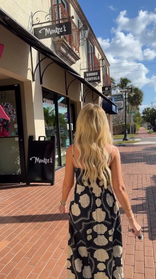Black and white seashell print slip dress