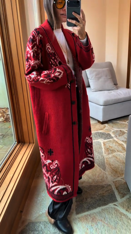 Red Paisley Knit Maxi Cardigan