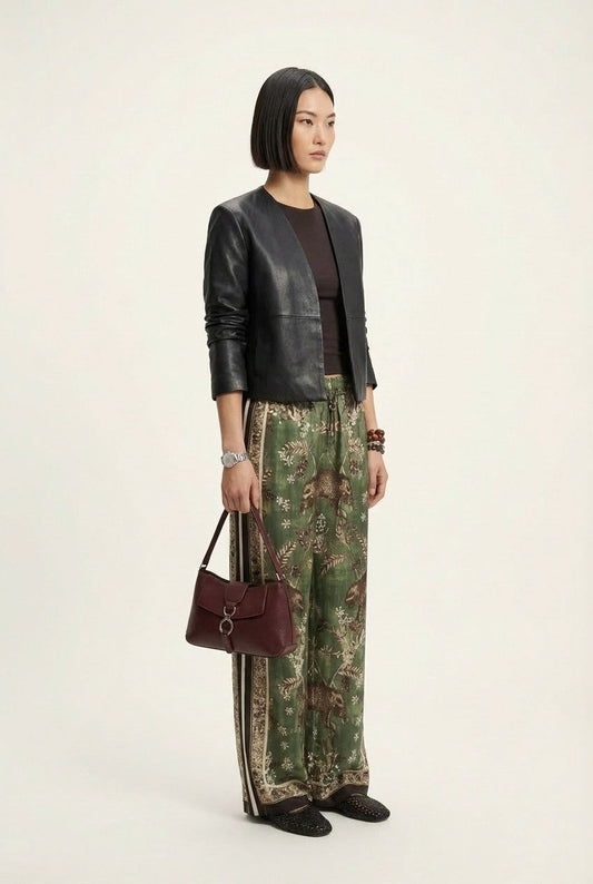 Women's Smooth Leather Collarless Jacket, Open Front Sophisticated Style