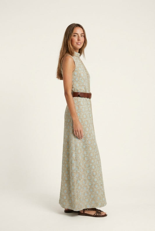 Women's Sleeveless Jacquard High Neck Maxi Dress Elegant Geometric Pattern