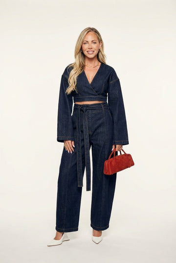 Women's Dark Indigo Denim Cropped Wrap Top and Wide-Leg Pants Set