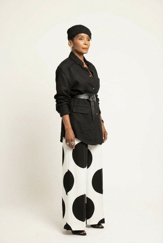 Women's Structured Cotton-Blend Shirt and Polka Dot Pants Set, Chic Monochrome