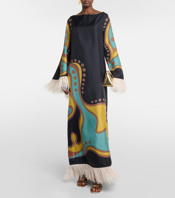 Black Silk Maxi Dress with Colorful Print and Feather Trim