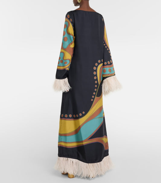 Black Silk Maxi Dress with Colorful Print and Feather Trim