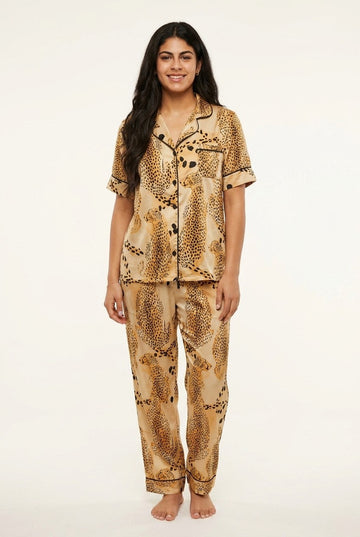 Women's Satin Cheetah Print Shirt and Pants Pajama Set for Luxury Lounging