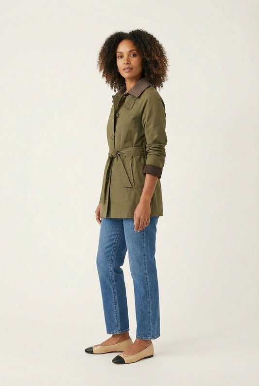 Women's Classic Cotton Utility Jacket with Corduroy Collar and Belt